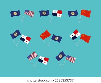 A set of flags of the USA, Panama, China and the Panama Canal Zone in different variations.
