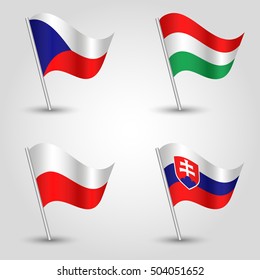 set of flags V4 visegrad group - czech republic, hungary, poland and slovakia - vector 3d waving flag with inclined metal stick