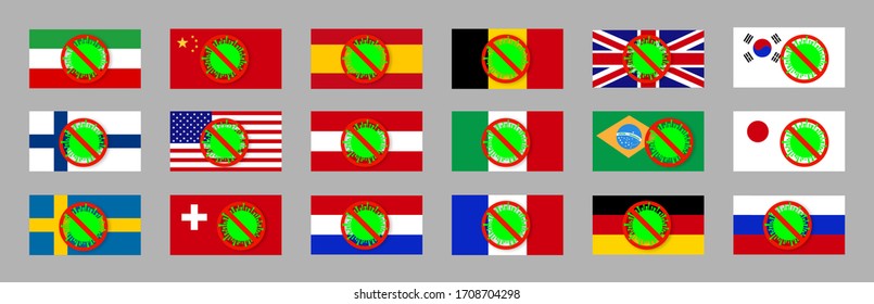 Set of flags. Virus molecule, together stop pandemic. Coronavirus Covid 19, cartoon International. Save health concept stop pandemic. Vector illustration, national unity coronavirus prevention concept