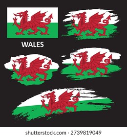 Set of flags of Wales. Flag of Wales painted with a brush in a grunge style.