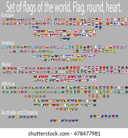 set of flags of the world in the form of hearts and circles. vector illustration