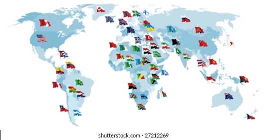 Set of flags. World map. All elements and textures are individual objects. Vector illustration scale to any size.