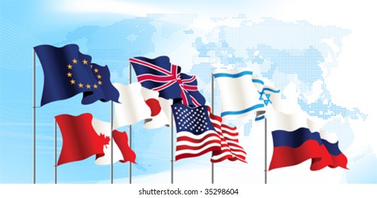 Set of flags. World map. All elements and textures are individual objects. Vector illustration scale to any size.
