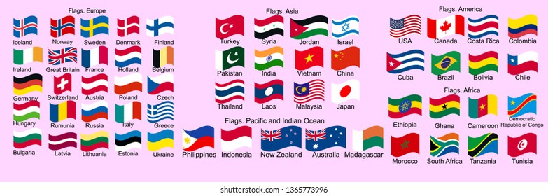 Set of Flags of world sovereign states. Flags of the world. Europe, Asia, Africa, America, Oceania
