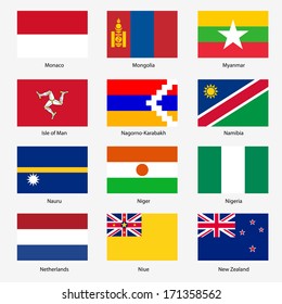 Set  Flags of world sovereign states. Vector illustration. Set number 11. Exact colors. Easy changes.