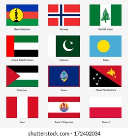 Set  Flags of world sovereign states. Vector illustration. Set number 12. Exact colors. Easy changes.