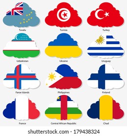 Set  Flags of world sovereign states in  form  clouds. Vector illustration. Set number 16. Exact colors. Easy changes.