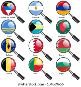 Set  Flags of world sovereign states magnifying glass. Vector illustration. Set number 2. Exact colors. Easy changes.