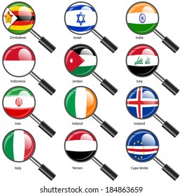 Set  Flags of world sovereign states Magnifying glass. Vector illustration. Set number 6. Exact colors. Easy changes.