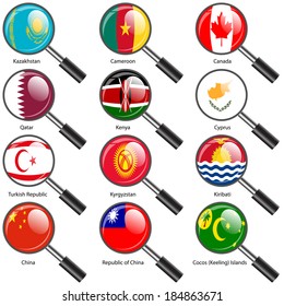 Set  Flags of world sovereign states Magnifying glass. Vector illustration. Set number 7. Exact colors. Easy changes.