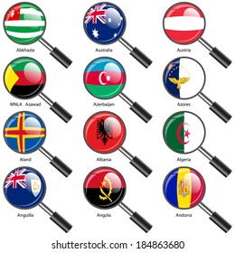 Set  Flags of world sovereign states magnifying glass. Vector illustration. Set number 1. Exact colors. Easy changes.