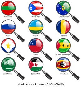 Set  Flags of world sovereign states Magnifying glass. Vector illustration. Set number 13. Exact colors. Easy changes.