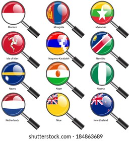 Set  Flags of world sovereign states Magnifying glass. Vector illustration. Set number 11. Exact colors. Easy changes.