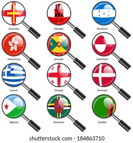 Set  Flags of world sovereign states Magnifying glass. Vector illustration. Set number 5. Exact colors. Easy changes.