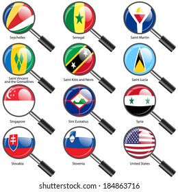 Set  Flags of world sovereign states Magnifying glass. Vector illustration. Set number 14. Exact colors. Easy changes.