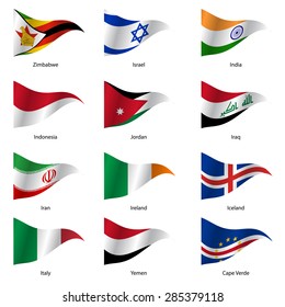 Set  Flags of world sovereign states triangular shaped. Vector illustration. 