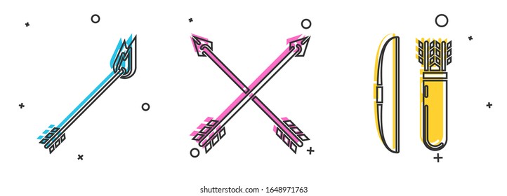 Set Flame arrow, Crossed arrows and Bow and arrow in quiver icon. Vector