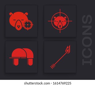 Set Flame arrow, Hunt on bear with crosshairs, Hunt on bear with crosshairs and Hunter hat icon. Vector