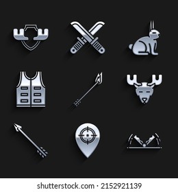 Set Flame arrow, Hunt place, Trap hunting, Moose head with horns, Hipster, Hunting jacket, Rabbit and on shield icon. Vector
