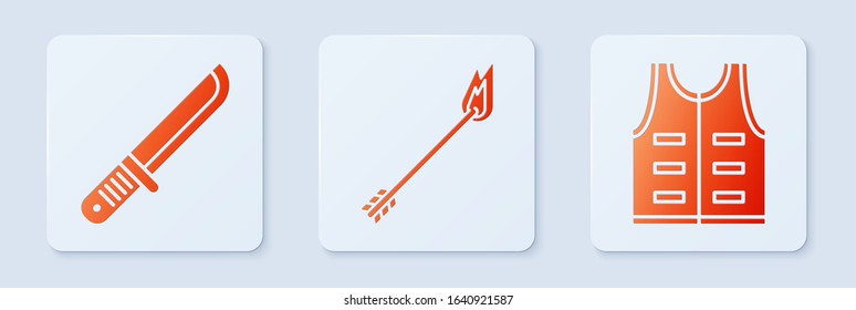 Set Flame arrow, Hunter knife and Hunting jacket. White square button. Vector