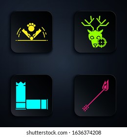 Set Flame arrow, Trap hunting, Cartridges and Hunt on deer with crosshairs. Black square button. Vector