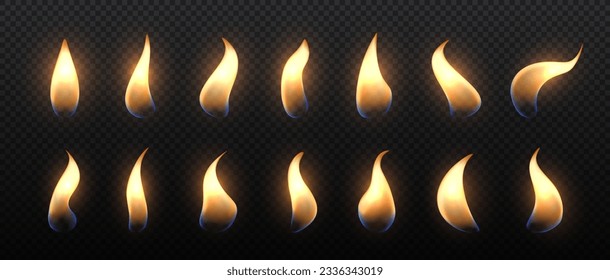 Set of flame candles on copy space. Wax candelight. Decor elements for wedding ceremony and holy ritual. Comfort and coziness. Realistic flat vector collection isolated on transparent background