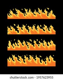 Set of flame elements on a black background. Horizontal pattern of fire.