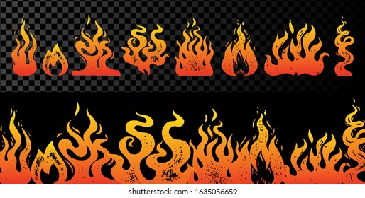 Set of flame and fire on transparent background. Hand drawn engraved monochrome color bonfire. Isolated vintage sketch. Vector illustration for posters, banners and logo.