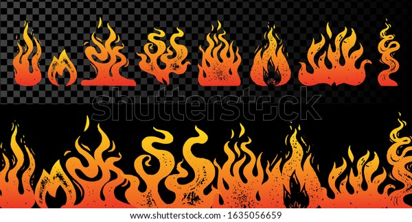 Set of flame\
and fire on transparent background. Hand drawn engraved monochrome\
color bonfire. Isolated vintage sketch. Vector illustration for\
posters, banners and logo.