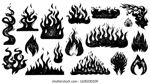 Set of flame and fire in vintage style. Hand drawn engraved monochrome bonfire sketch. Vector illustration for posters, banners and logo.