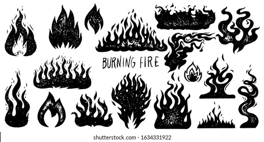 Set of flame and fire in vintage style. Hand drawn engraved monochrome bonfire sketch. Vector illustration for posters, banners and logo.