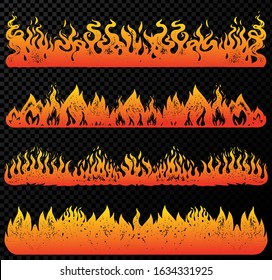 Set of flame and fire in vintage style. Hand drawn engraved monochrome bonfire or burn sketch. Vector illustration for posters, banners and logo.