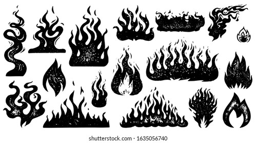 Set of flame and fire in vintage style. Hand drawn engraved monochrome bonfire sketch. Vector illustration for posters, banners and logo.