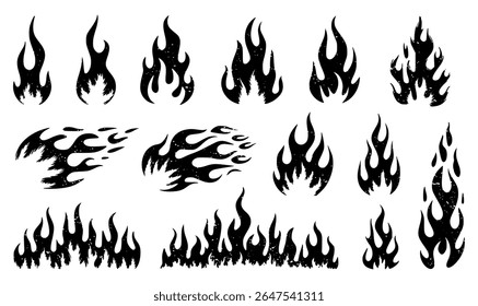 Set of flame and fire in vintage style. Hand drawn engraved monochrome bonfire sketch. Vector illustration for posters, banners and logo.