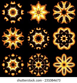 Set of flame flowers. Floral mandala ornament.