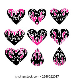 Set of flame hearts icons, black and magenta pink color silhouette isolated on white background. Vintage y2k, 90s tattoo style. Hand drawn vector illustration logos collection.