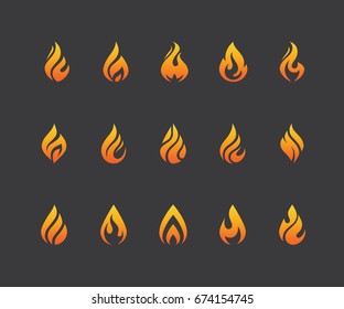 Set of flame icons. Hot fire burn, torch, bonfire symbol. Water drop shape. Oil and gas industry logo isolated on black background.