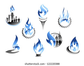 Set of flame icons with a petrochemical plant showing gas extraction and various icons showing domestic usage and consumption of gas as a fuel. Jpeg version also available in gallery