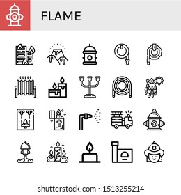 Set of flame icons such as Fire hydrant, Building on fire, Lava, Hydrant, Water hose, Heat, Candles, Candle holder, Hose, Hot, Spaceship, Lighter, Fire hose, truck , flame