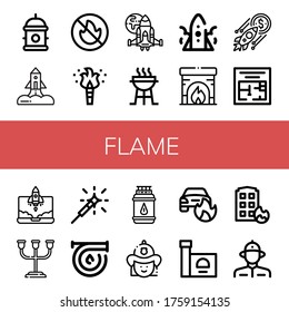 Juego de iconos de llama. Como Hidrante, Cohetes, No se permite fuego, Antorcha, nave espacial, Parrilla de carbón vegetal, chimenea, plan de evacuación, portavelas, Sparkler, Manguera, Botella de gas, iconos de la llama