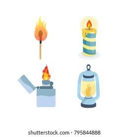 Set of flame lights. Burning match, melting candle, modern lighter, night lamp. Fire for camping, hiking, campfires. Vector illustration isolated in flat style.