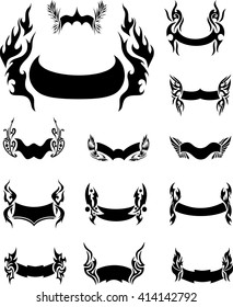 Set of Flame Motto Ribbons as templates for emblems. Black and white vector illustrations.