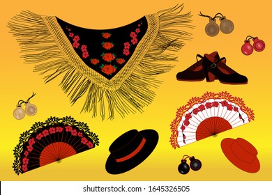 Set of flamenco dancer belongings for design of playbills and advertising.  Everything necessary for traditional Spanish dancer.