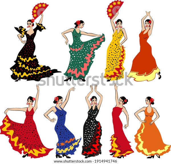 Set of flamenco dancers in\
colorful traditional spanish dresses isolated on white\
background