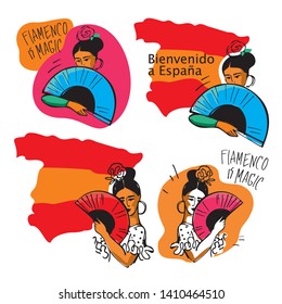set of Flamenco dancers with a fan in her hands and a rose in her head hand-drawn for a poster or banner. Translation: "Welcome to Spain". Vector illustration