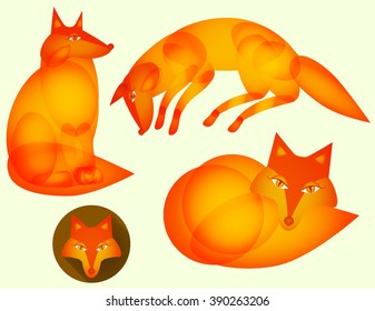 A set of flame-red foxes. Illustration with the character Fox . Cute glowing foxes on isolated white background .