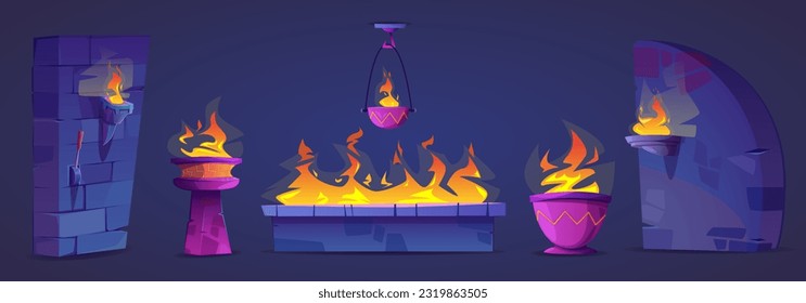 Set of flames in cartoon style. Burning torch, bowl, pedestal. Hanging fire bowl on a hook. Elements of stone and brick wall with lever. Ancient ruins, dungeon, adventure. Vector illustration.