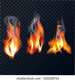 Set Of Flames With Smoke On A Transparent Background. The Realistic Bright Fire Isolated. Vector Illustration.