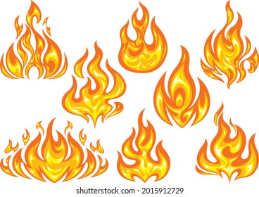 A set of flames of various shapes