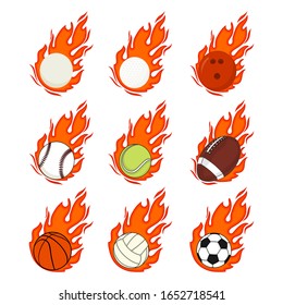set of Flaming Fire ball vector Illustration for template design, sport balls.